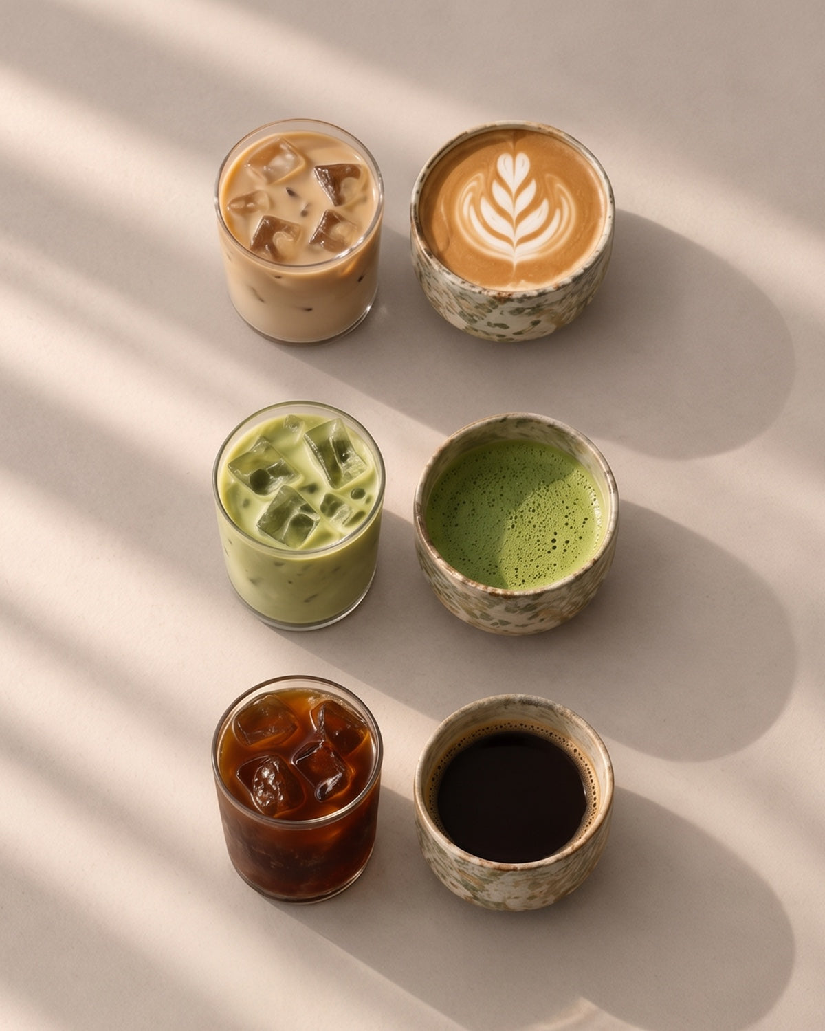 Coffee, latte, matcha and milk
