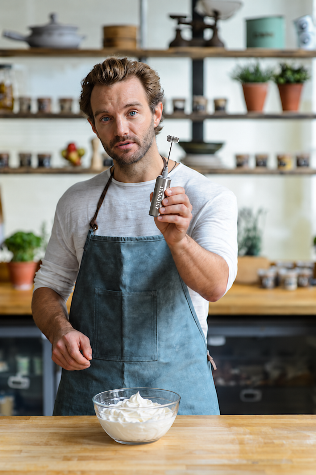 Patrick holding the pro-barista frother in his kitchen