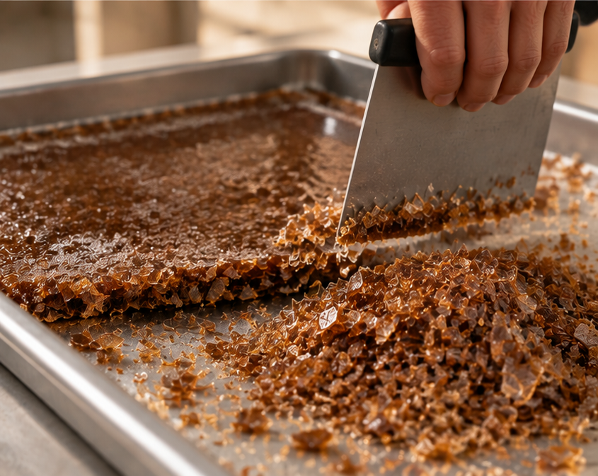 Coffee crystals being lifted from the tray